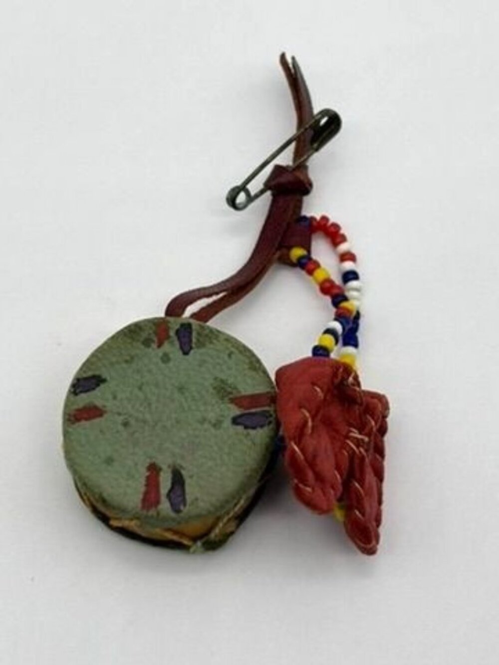 Vintage Native American Brooch Handmade & Hand Painted Miniature Moccasin & Drum - Picture 8 of 13